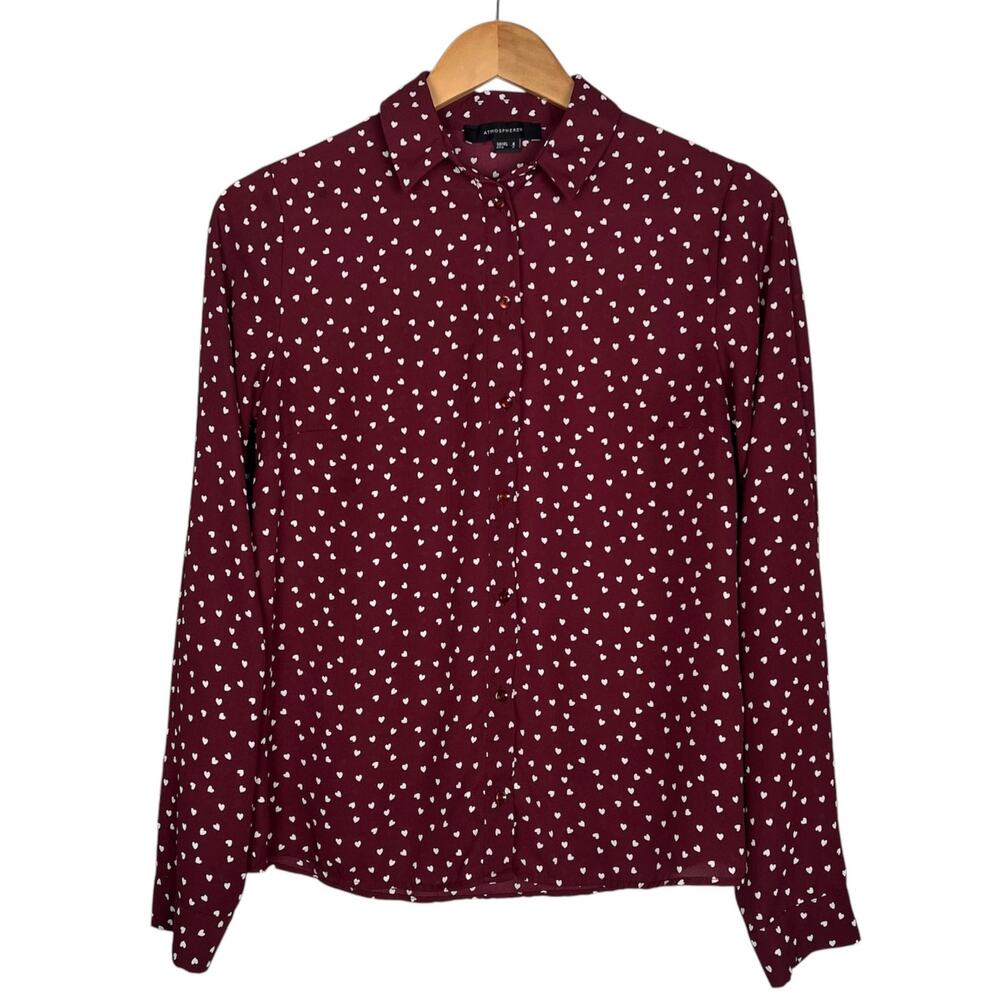 Atmosphere Heart Print Burgundy Long Sleeve Button Down Blouse Top Size 4